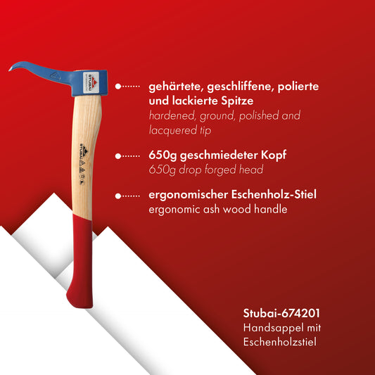 STUBAI HANDSAPPEL mit Eschenholzstiel 450 mm – 650 g Kopfgewicht, gesenkgeschmiedet – zum Aufnehmen, Ziehen und Transportieren von Holzstücken und Baumstämmen – robustes Forstwerkzeug