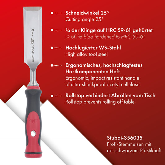 Stemmeisen mit rot-schwarzem 2K-Griff, 35mm, STUBAI Profi Stechbeitel zur präzisen Holzbearbeitung, Stecheisen für Schreiner Tischler