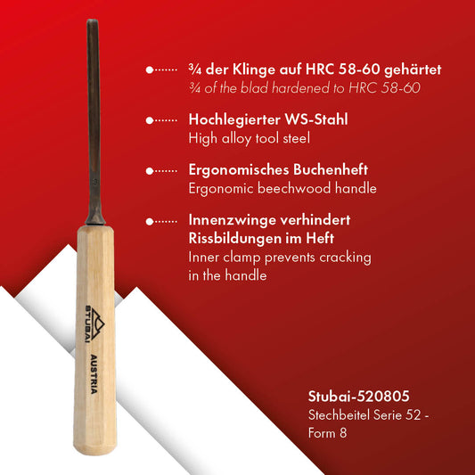 STUBAI Stemmeisen Stechbeitel Serie 52 - Form 8 | Gerades Hohleisen 5 mm, mit Holzgriff, für Figurenarbeiten, Kerb- und Reliefschnitzarbeiten, zur präzisen Bearbeitung von Holz