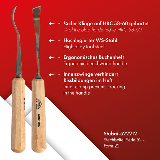 STUBAI Stemmeisen Stechbeitel Serie 52 - Form 22 | Gekröpftes, linksschräges Balleisen 12 mm, mit Holzgriff, für glatte Flächen, zum Vorstechen, Kerb- & Reliefschnitzarbeiten, Holzbearbeitung