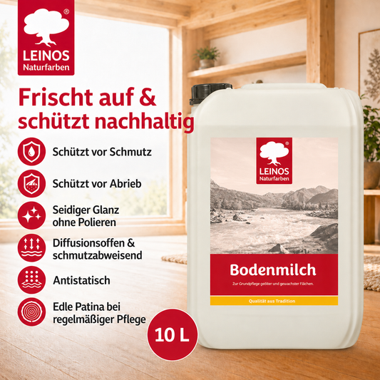 LEINOS 920 Bodenmilch 10 Liter | Pflegemittel für geölte, gewachste und lackierte Fußböden | Holz, Kork und Linoleum | ergibt seidenglänzende Oberfläche