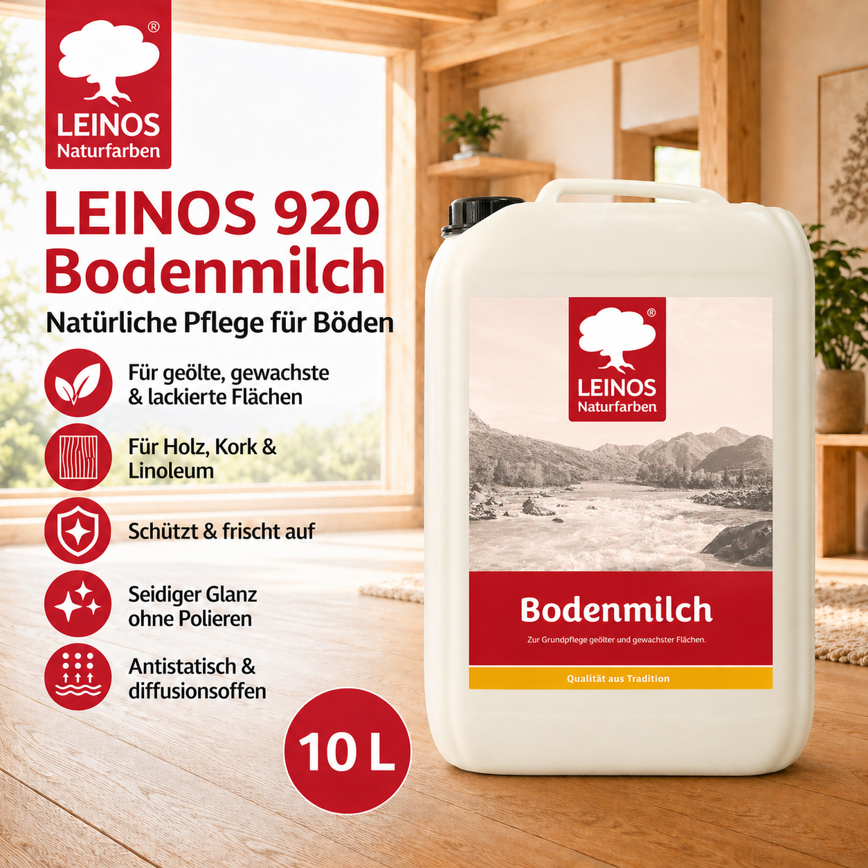 LEINOS 920 Bodenmilch 10 Liter | Pflegemittel für geölte, gewachste und lackierte Fußböden | Holz, Kork und Linoleum | ergibt seidenglänzende Oberfläche