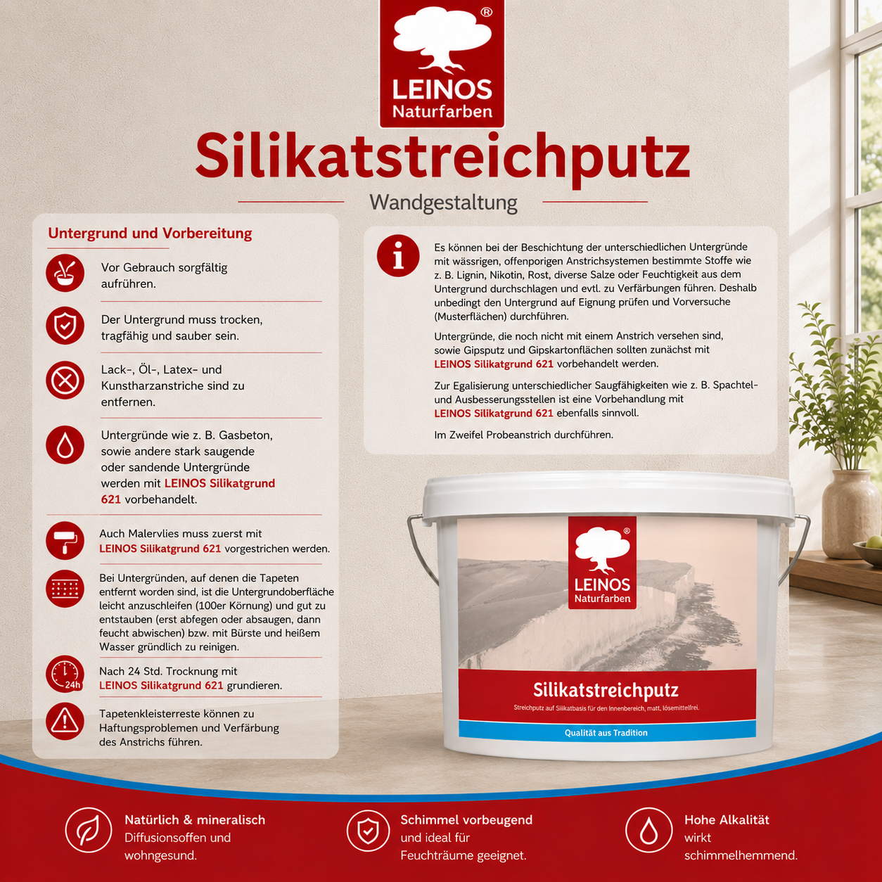 LEINOS Silikatstreichputz 10L – Strukturfarbe für Bad & Wohnräume