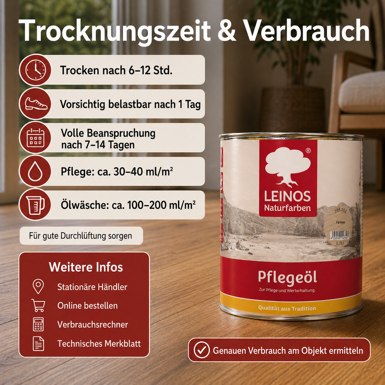 LEINOS 285 Pflegeöl 002 farblos 0,75 Liter | Zur Behandlung aller geölten und gewachsten Flächen wie Holz, Kork und Linoleum im Innenbereich |