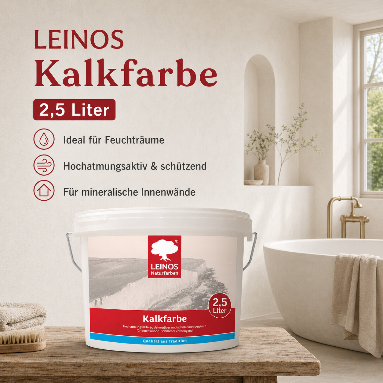 LEINOS Kalkfarbe 665 – Hochatmungsaktive Wandfarbe für Innen | Naturweiß, matt & mineralisch | Lösemittelfrei, schimmelvorbeugend, abtönbar | 2,5 L für ca. 16 m² | für mineralische Untergründe