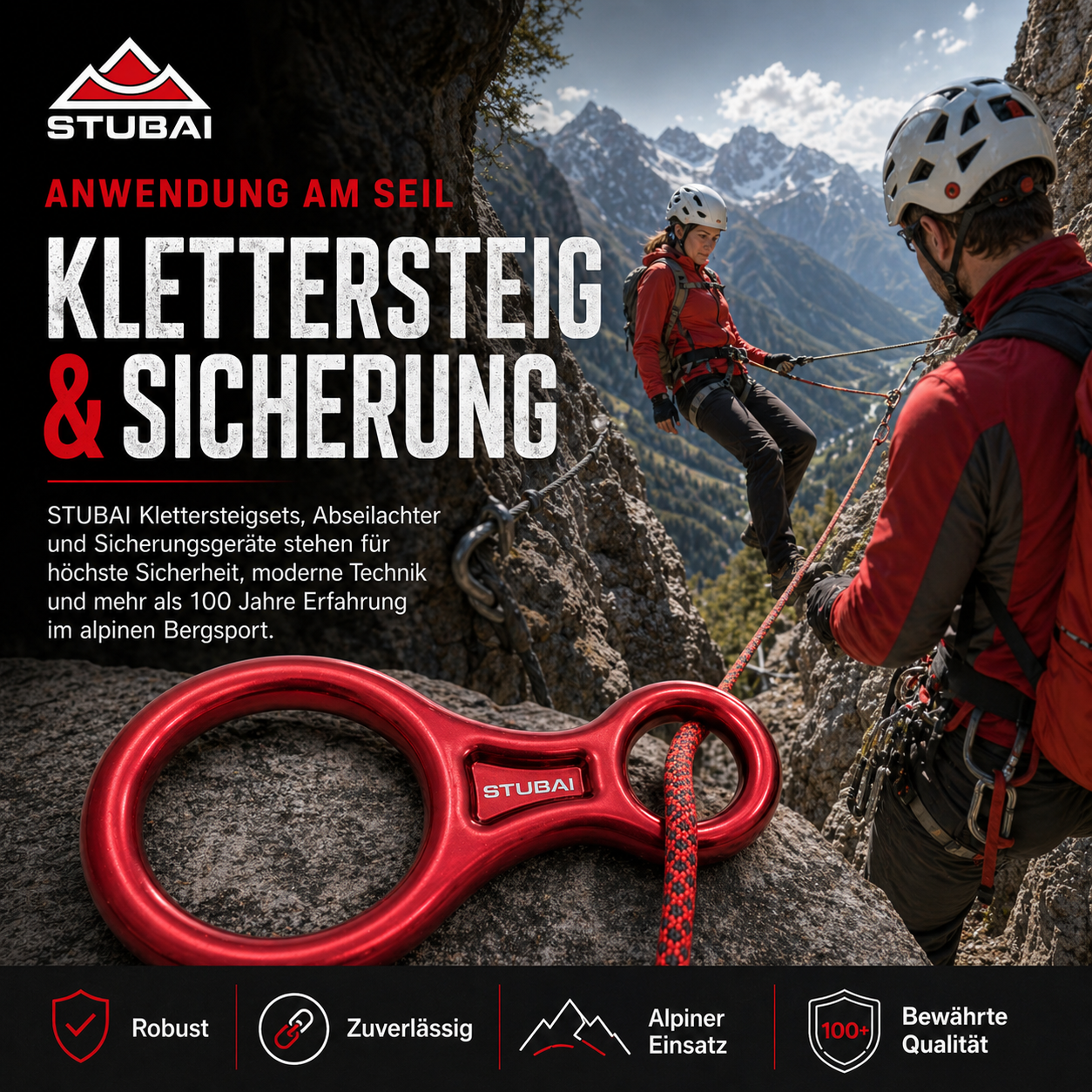 STUBAI Abseilachter groß – Sicherungsgerät aus Aluminium (109 g, 30 kN) – für Klettern, Bergsteigen, Canyoning, Höhenarbeit & Rettung – EN 15151-2 zertifiziert – rot eloxier