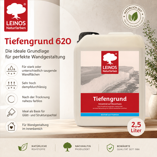LEINOS Tiefengrund 620/ 2,5 Liter – natürliche Grundierung für stark saugende Untergründe | Transparent, hoch dampfdurchlässig | Vorbereitung für Wandfarbe & Putz | 1L reicht für bis zu 25 m²