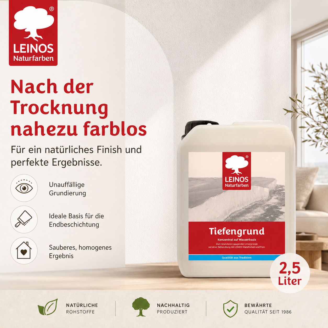 LEINOS Tiefengrund 620/ 2,5 Liter – natürliche Grundierung für stark saugende Untergründe | Transparent, hoch dampfdurchlässig | Vorbereitung für Wandfarbe & Putz | 1L reicht für bis zu 25 m²