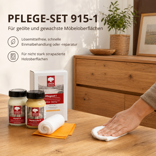 LEINOS Pflege-Set 915-1für geölte und gewachste Möbeloberflächen je 0,1 Liter | Lösemittelfreie, schnelle Einmalbehandlung oder -reperatur von nicht stark strapazierten Holzoberflächen