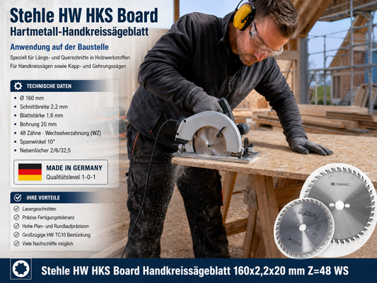 Stehle HW HKS Board Handkreissägeblatt 160x2,2x20mm Z=48 WS | Wechselverzahnung ist speziell für Längs- und Querschnitte | Großzügige HW TC10 Bestückung für viele Nachschliffe