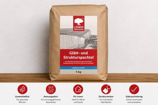 LEINOS Glätt- und Strukturspachtel 684, weiß – Feine Spachtelmasse für Wand & Decke innen, lösemittelfrei, atmungsaktiv, gebrauchsfertig, für Lehmputz, Kalk, Gips, Altanstrich, strukturierbar – 5 kg
