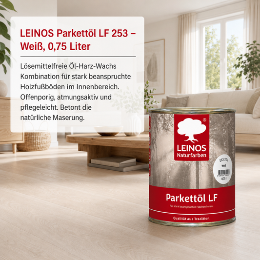 LEINOS Parkettöl LF 253 weiß 0,75 L – Natürlich pigmentiertes Holzöl für Parkett & Dielen, lösemittelfrei, offenporig, UV-stabil & strapazierfähig – ideal für helle Holzfußböden im Innenbereich