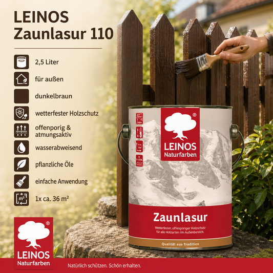 LEINOS Zaunlasur 110 dunkelbraun – wetterfeste Holzlasur für außen, offenporiger Holzschutz, wasserabweisend & atmungsaktiv, 2,5 l für bis zu 36 m² dunkelbraun