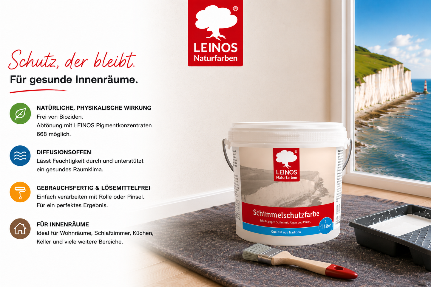 LEINOS 695 Schimmelschutzfarbe 1,0 l für Innenräume, gegen Schimmel, Algen und Pilze, biozidfrei, lösemittelfrei, diffusionsoffen, natürliche Wirkung, hohe Deckkraft, weiß, gebrauchsfertig Innenwände!
