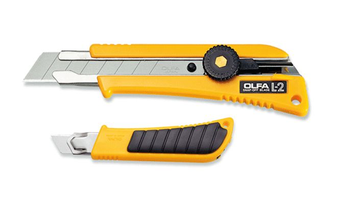 OLFA Industrie-Cuttermesser L-2 18mm mit rutschfester Griffplatte mit Stahldorn | besonders dicke und harte Materialien wie Teppichboden, Linoleum und Trockenbauplatten