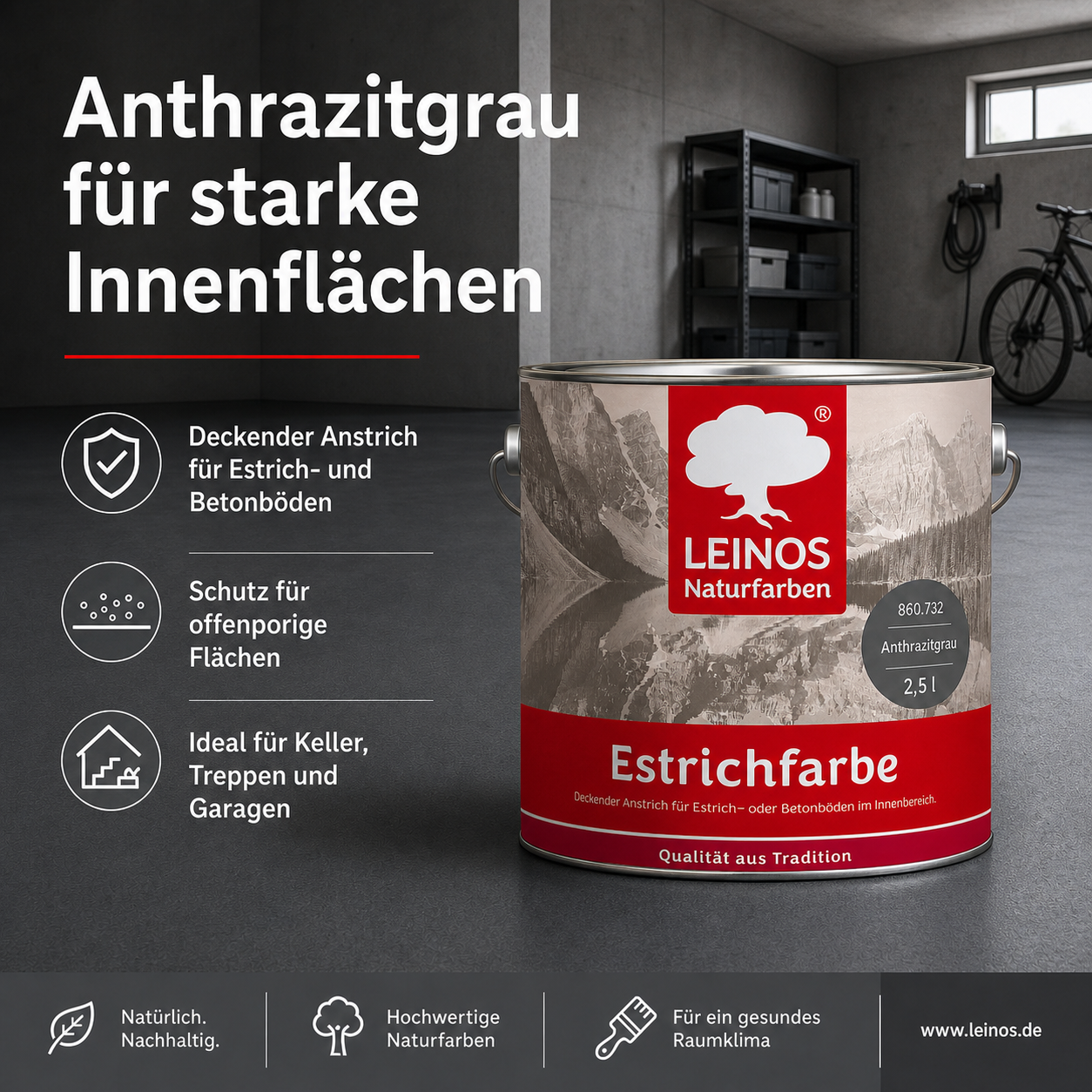 Estrichfarbe 860 | 2,5 Liter | für innen | Schutz & Farbgebung für offenporige Estrich- & Betonflächen | abriebfest, wasserabweisend, speichel- & schweißecht | Anthrazitgrau