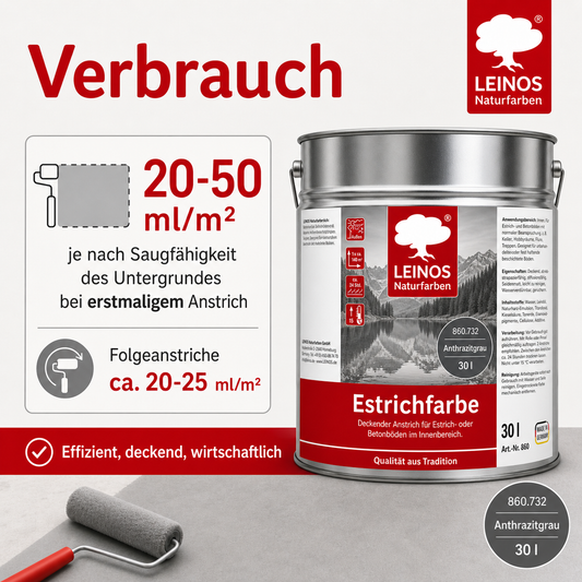 Leinos Naturfarben Estrichfarbe 860 |10,0 Liter | Anthrazitgraunn | für innen | Schutz & Farbgebung für offenporige Estrich- & Betonflächen | abriebfest, wasserabweisend | Anthrazitgrau (10 Liter Anthrazitgrau)