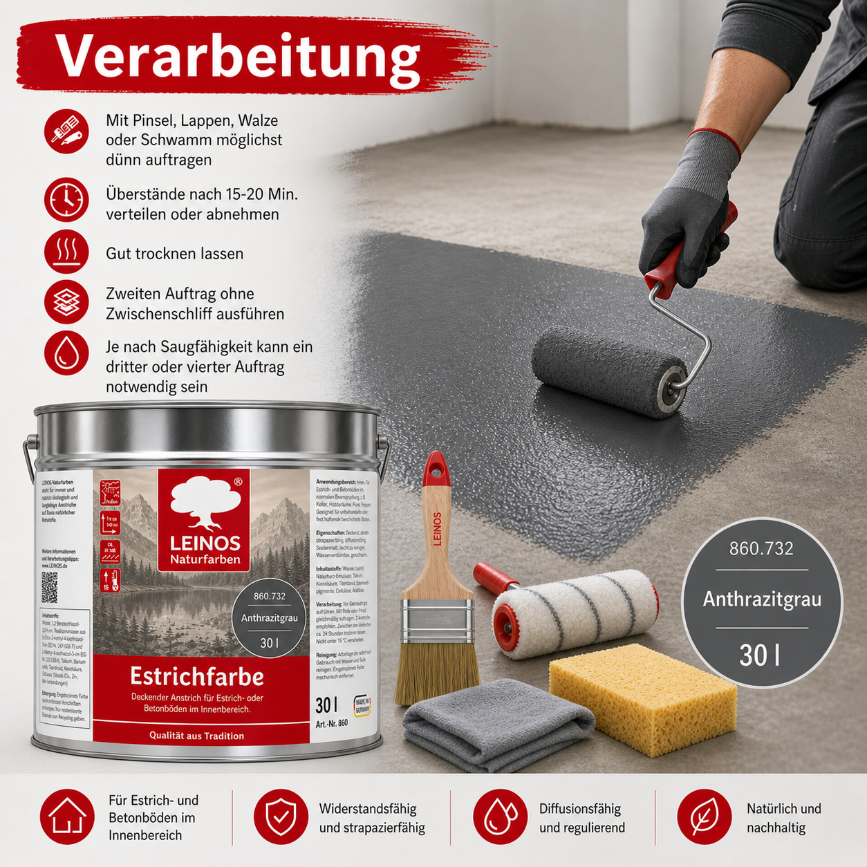 Leinos Naturfarben Estrichfarbe 860 |10,0 Liter | Anthrazitgraunn | für innen | Schutz & Farbgebung für offenporige Estrich- & Betonflächen | abriebfest, wasserabweisend | Anthrazitgrau (10 Liter Anthrazitgrau)
