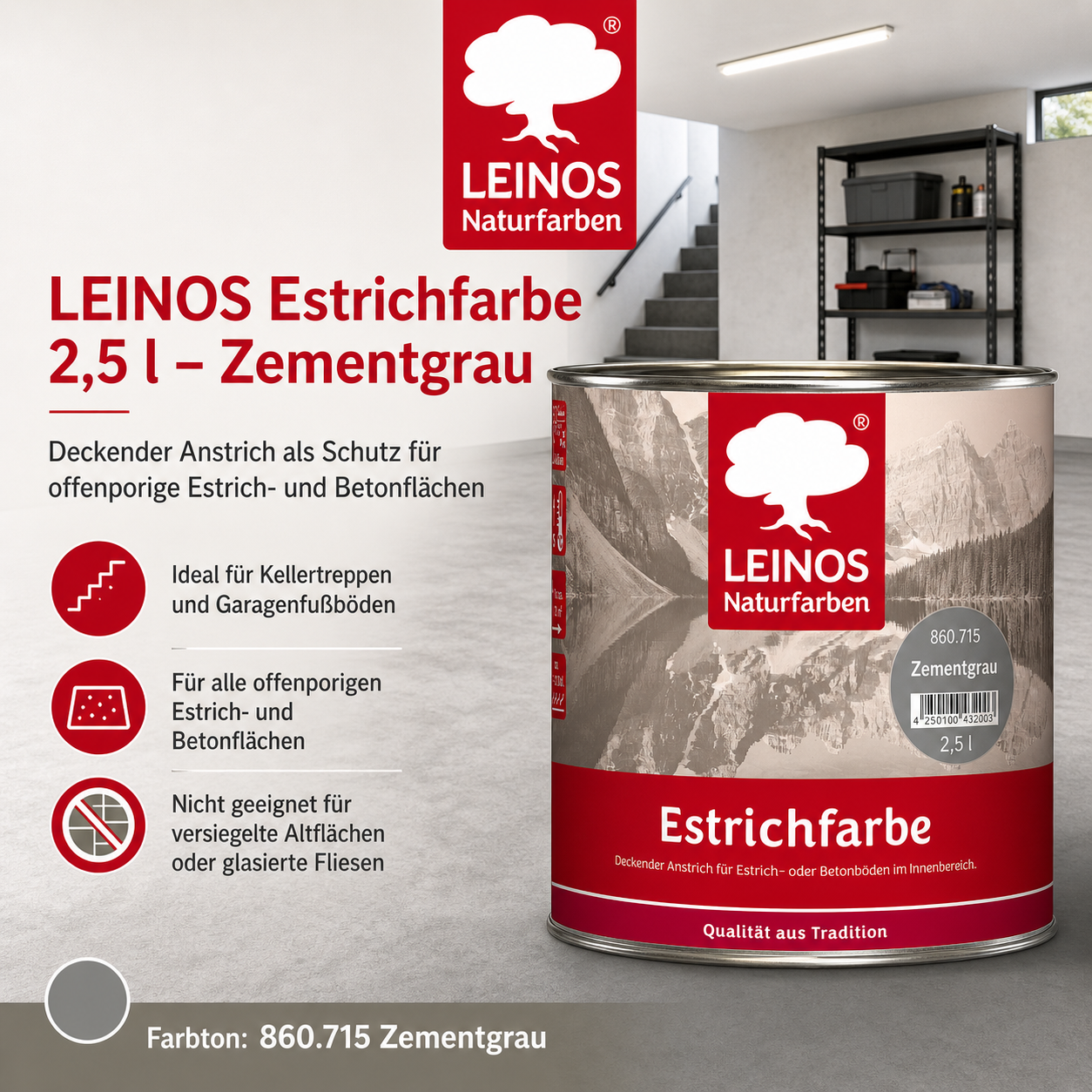 Estrichfarbe 860 | 2,5 Liter | für innen | Schutz & Farbgebung für offenporige Estrich- & Betonflächen | abriebfest, wasserabweisend, speichel- & schweißecht | Zementgrau