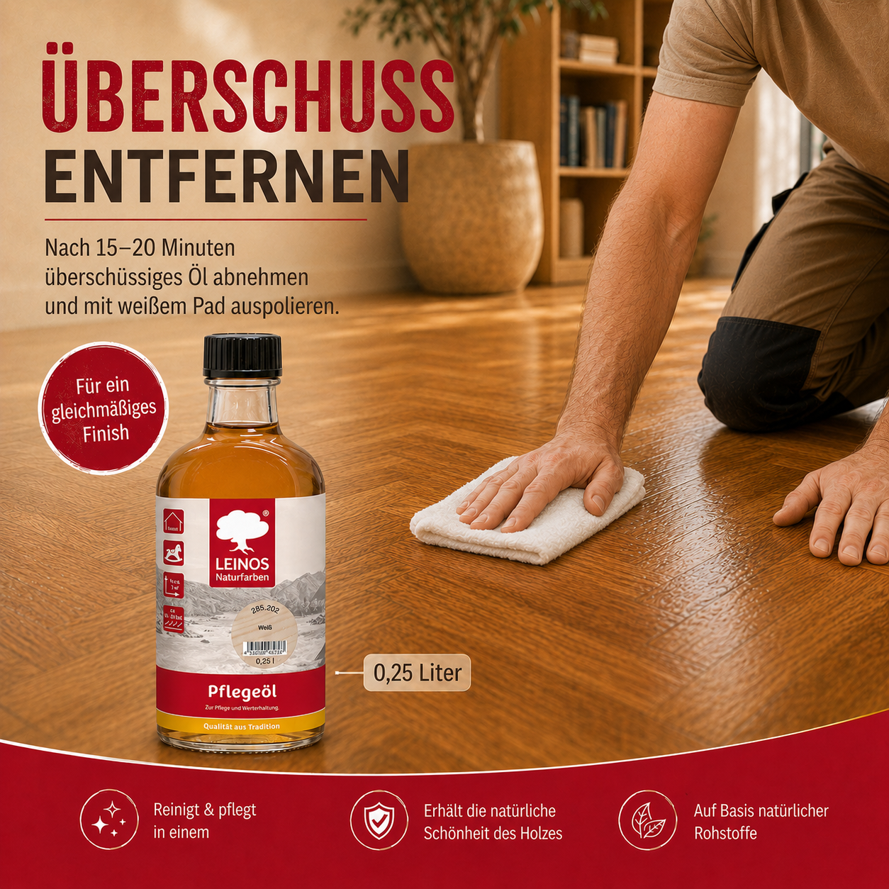 LEINOS 285 Pflegeöl weiß 0,25 Liter für Holz, Parkett, Kork und Linoleum | Pflege, Reinigung und Auffrischung geölter und gewachster Flächen im Innenbereich | Natürlich ökologisch natürliche Optik