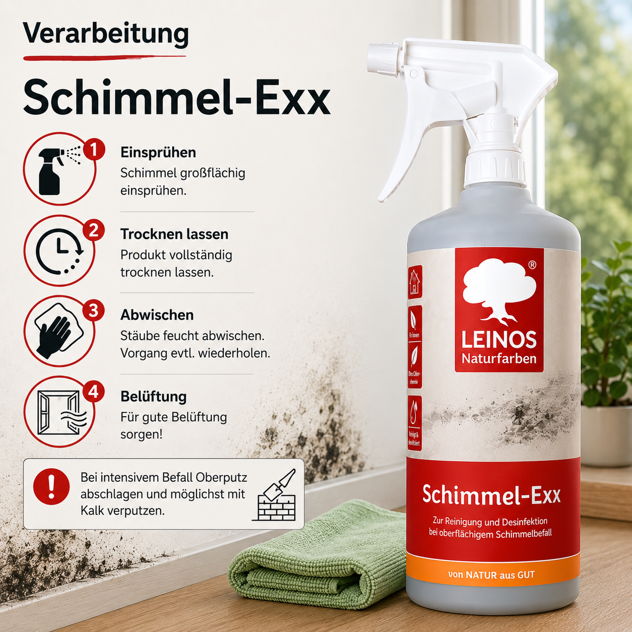 LEINOS 960 Schimmel-Exx 0,5 l Zum sicheren Entfernen von Schimmelpilzen im Innenbereich Ohne Chlorchemie Leicht fließende Flüssigkeit.