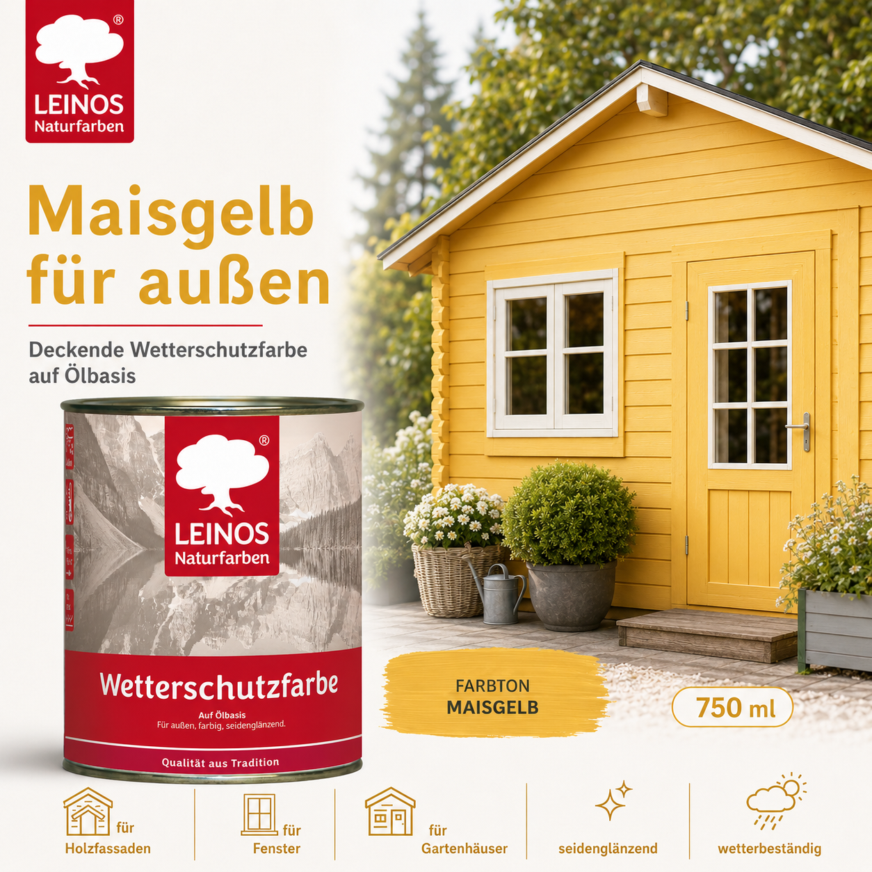 LEINOS Wetterschutzfarbe 750 ml | Maisgelb Holzlasur für Holzfassaden Fenster Gartenhäuser| wetterbeständige Deckfarbe für effektive Versiegelung und langanhaltenden Schutz auf Ölbasis im Außenbereich