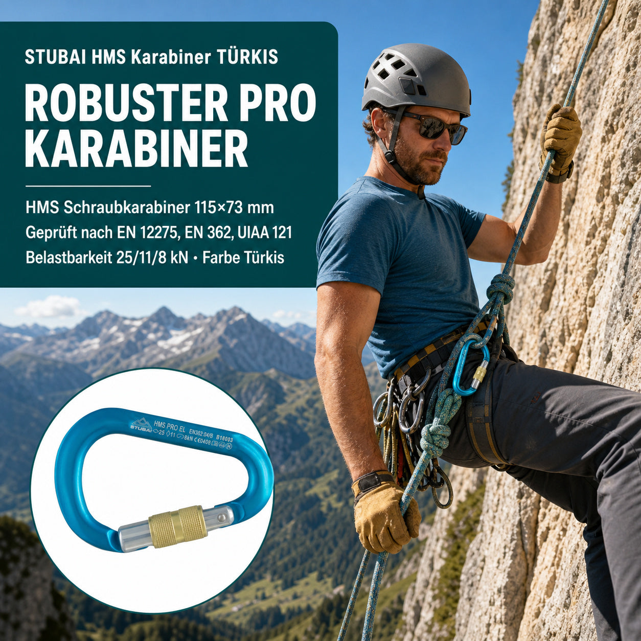 HMS Karabiner | Stubai Karabiner mit Schraubverschluss, Schraubkarabiner zum Klettern, Kletter-Karabinerhaken, Sicherungskarabiner zum Bergsteigen, Türkis