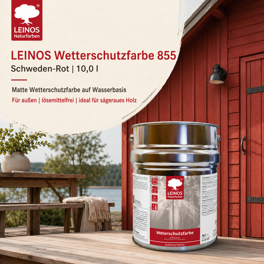 LEINOS Wetterschutzfarbe auf Wasserbasis 855 –10,0 l Schweden-Rot- Lösemittelfreier, matter Anstrich für unbehandelte Holzkonstruktionen im Außenbereich, ideal für sägeraues Holz
