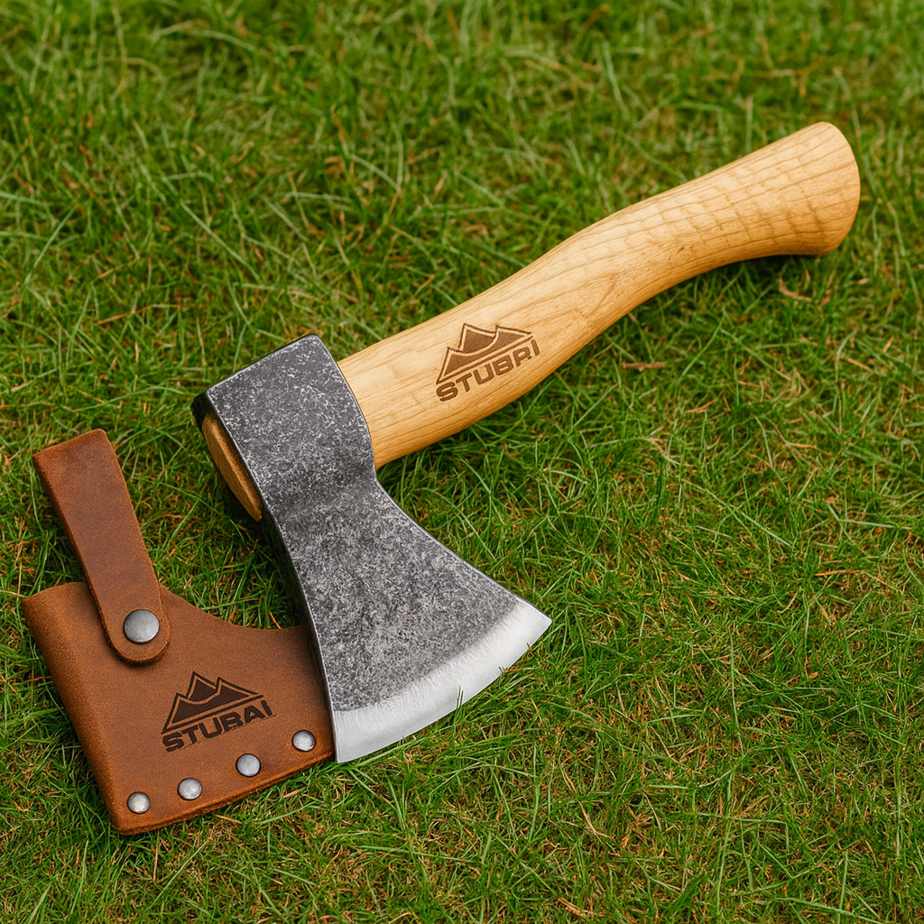 STUBAI Campingbeil Serles 800 g – Handgeschmiedet aus Kohlenstoffstahl, 240 mm, inkl. Lederscheide, geölter Hickorystiel – Outdoor, Bushcraft, Survival