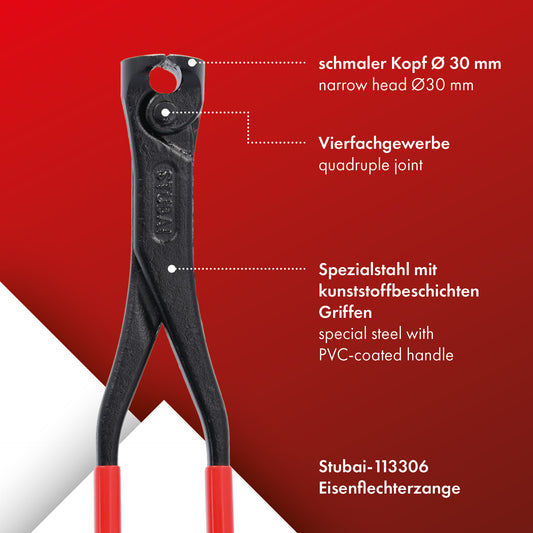 STUBAI Eisenflechterzange Easycut, breiter Kopf Ø 30 mm, Länge 280 mm, Vierfachgewerbe Kneifzange, Monierzange und Rabitzzange zum Flechten und Schneiden von Draht an Baustahlgeweben, 440 gramm