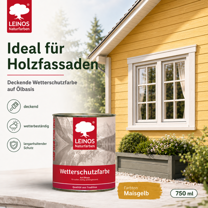 LEINOS Wetterschutzfarbe 750 ml | Maisgelb Holzlasur für Holzfassaden Fenster Gartenhäuser| wetterbeständige Deckfarbe für effektive Versiegelung und langanhaltenden Schutz auf Ölbasis im Außenbereich