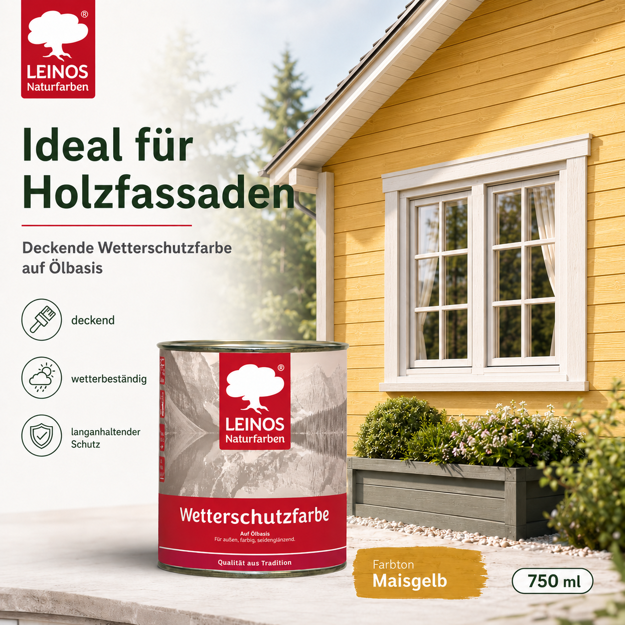 LEINOS Wetterschutzfarbe 2,5 l | Maisgelb Holzlasur für Holzfassaden Fenster Gartenhäuser| wetterbeständige Deckfarbe für effektive Versiegelung und langanhaltenden Schutz auf Ölbasis im Außenbereich