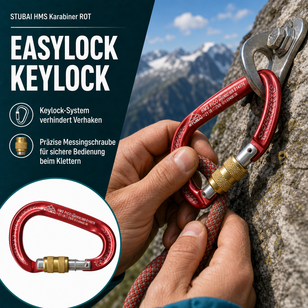 STUBAI HMS Karabiner Pico | Rot | Karabiner mit Schraubsicherung, Leichter Schraubkarabiner, Sicherungsgerät zum Klettern