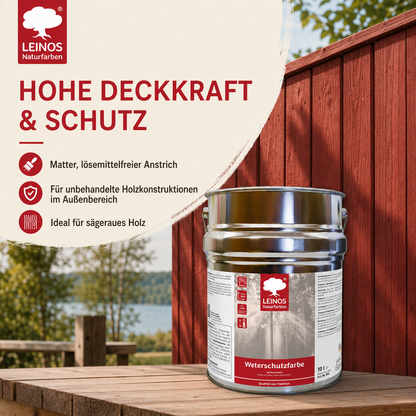 LEINOS Wetterschutzfarbe auf Wasserbasis 855 –2,5 l Schweden-Rot- Lösemittelfreier, matter Anstrich für unbehandelte Holzkonstruktionen im Außenbereich, ideal für sägeraues Holz