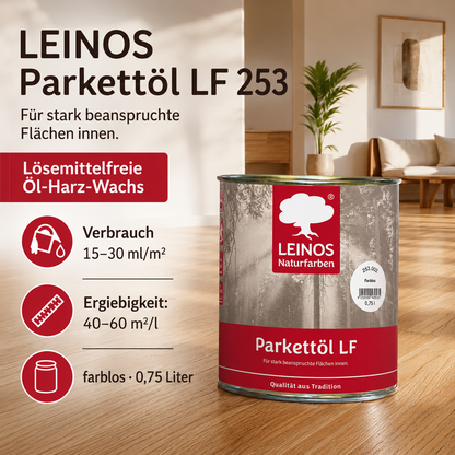LEINOS Parkettöl LF 253 farblos 0,75 L – Lösemittelfreies Naturöl für Holzfußböden, offenporig & atmungsaktiv, schützt Parkett, Dielen & Massivholz im Innenbereich, betont die natürliche Maserung