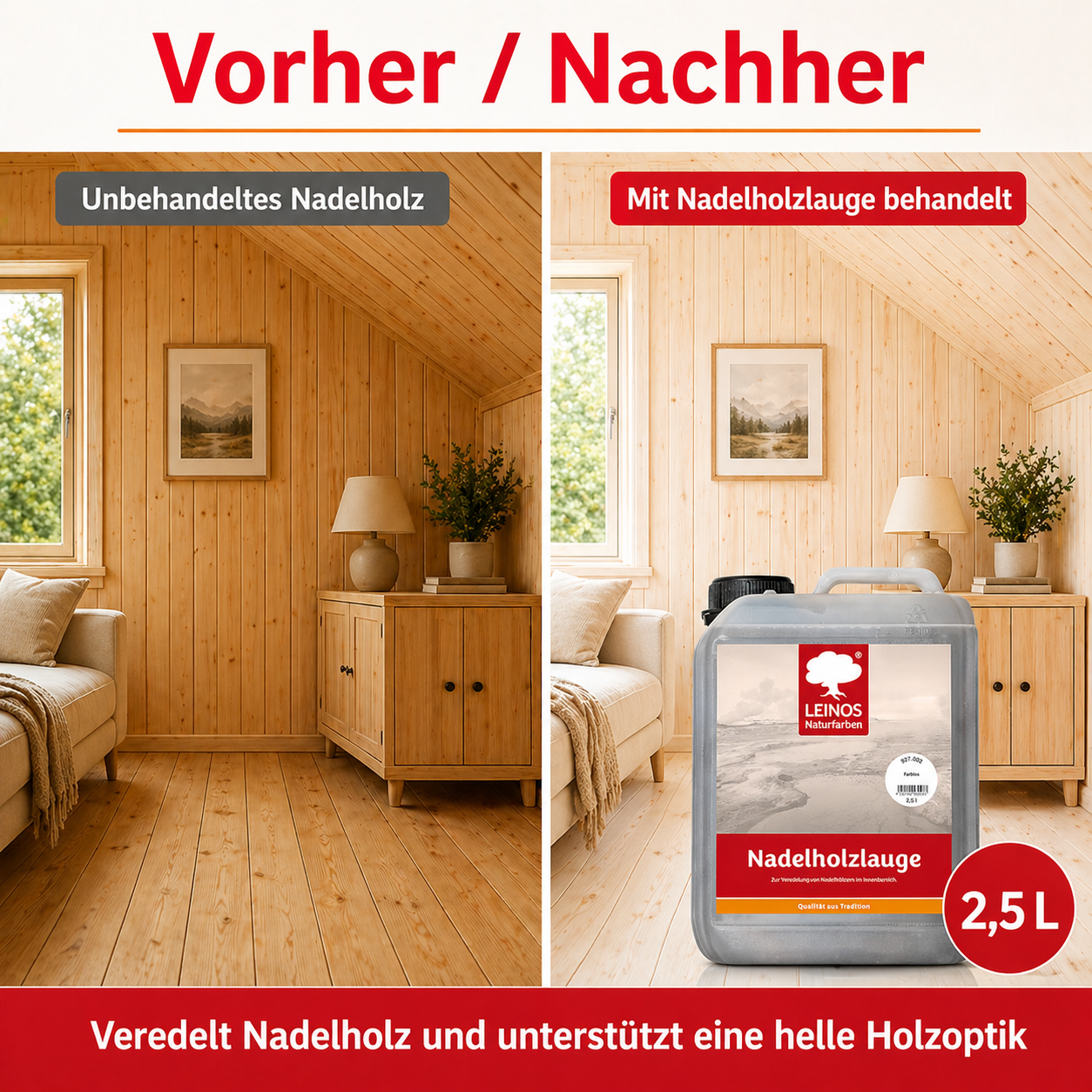 LEINOS 927 Nadelholzlauge 2,50 l weiss | Zur Veredelung von Nadelhölzern im Innenbereich |  für Fußböden, Wände, Decken, Türen, Möbel