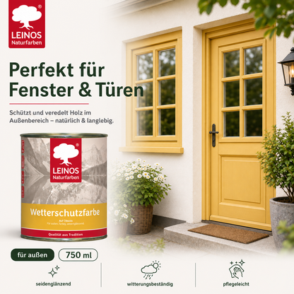 LEINOS Wetterschutzfarbe 2,5 l | Maisgelb Holzlasur für Holzfassaden Fenster Gartenhäuser| wetterbeständige Deckfarbe für effektive Versiegelung und langanhaltenden Schutz auf Ölbasis im Außenbereich
