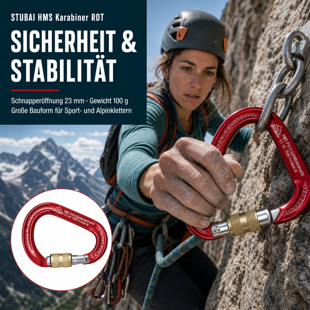 STUBAI HMS Karabiner Pico | Rot | Karabiner mit Schraubsicherung, Leichter Schraubkarabiner, Sicherungsgerät zum Klettern