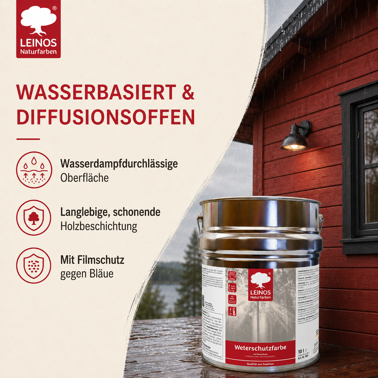 LEINOS Wetterschutzfarbe auf Wasserbasis 855 –10,0 l Schweden-Rot- Lösemittelfreier, matter Anstrich für unbehandelte Holzkonstruktionen im Außenbereich, ideal für sägeraues Holz