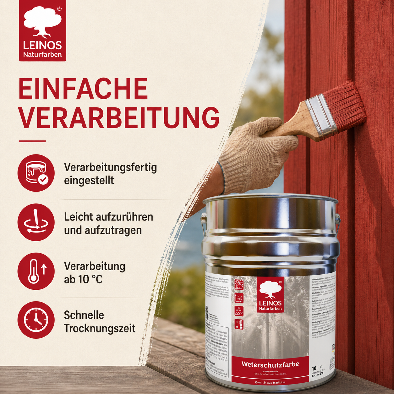 LEINOS Wetterschutzfarbe auf Wasserbasis 855 –10,0 l Schweden-Rot- Lösemittelfreier, matter Anstrich für unbehandelte Holzkonstruktionen im Außenbereich, ideal für sägeraues Holz