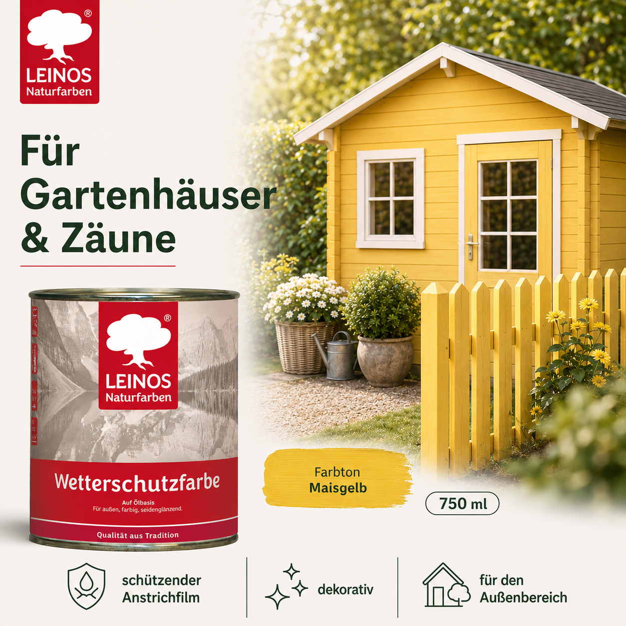 LEINOS Wetterschutzfarbe 750 ml | Maisgelb Holzlasur für Holzfassaden Fenster Gartenhäuser| wetterbeständige Deckfarbe für effektive Versiegelung und langanhaltenden Schutz auf Ölbasis im Außenbereich