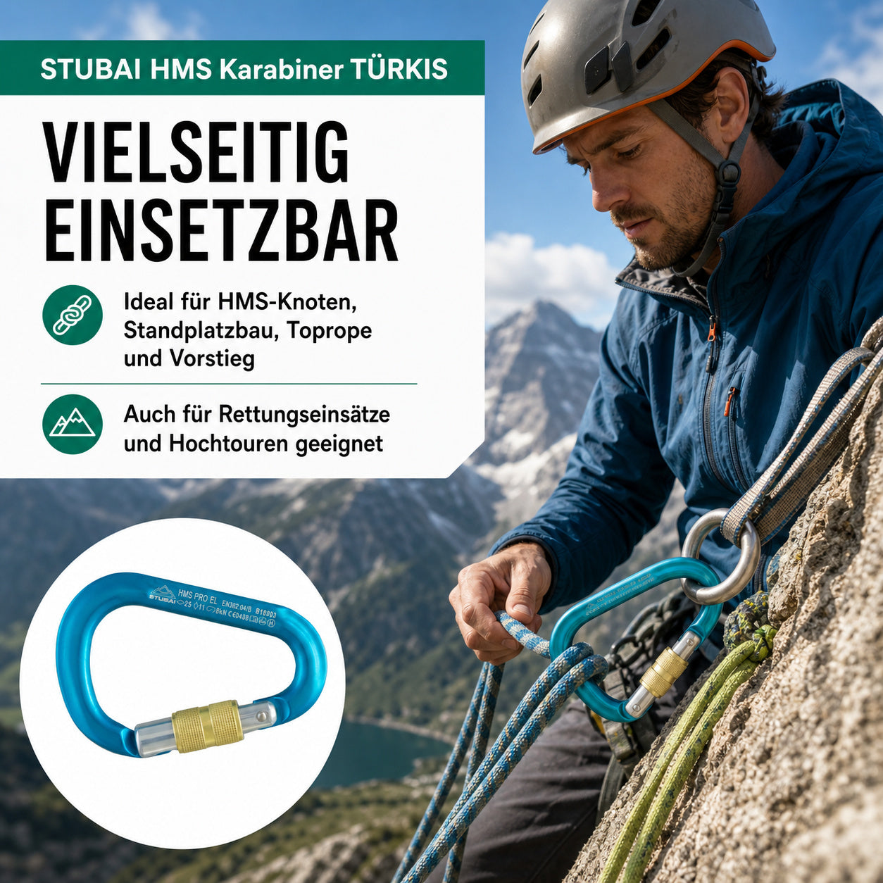 HMS Karabiner | Stubai Karabiner mit Schraubverschluss, Schraubkarabiner zum Klettern, Kletter-Karabinerhaken, Sicherungskarabiner zum Bergsteigen, Türkis