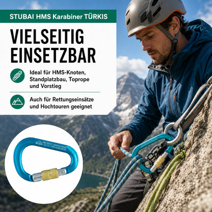 HMS Karabiner | Stubai Karabiner mit Schraubverschluss, Schraubkarabiner zum Klettern, Kletter-Karabinerhaken, Sicherungskarabiner zum Bergsteigen, Türkis