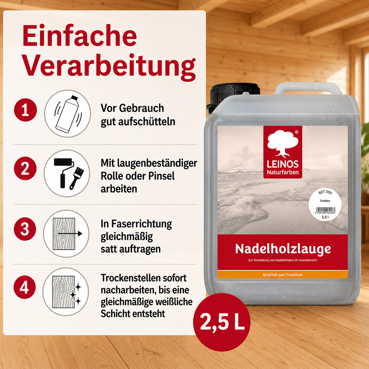 LEINOS 927 Nadelholzlauge 2,5 l Farblos | Zur Veredelung von Nadelhölzern im Innenbereich |  für Fußböden, Wände, Decken, Türen, Möbel