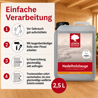 LEINOS 927 Nadelholzlauge 2,5 l Farblos | Zur Veredelung von Nadelhölzern im Innenbereich |  für Fußböden, Wände, Decken, Türen, Möbel