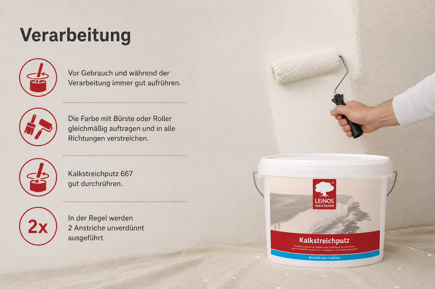 Kalkstreichputz 10,0 Liter für ca. 15–25 m² bei 2 Anstrichen, hochatmungsaktiver feinkörniger Streichputz, feuchtigkeitsregulierend, schimmelvorbeugend, für Feuchträume und Innenräume geeignet