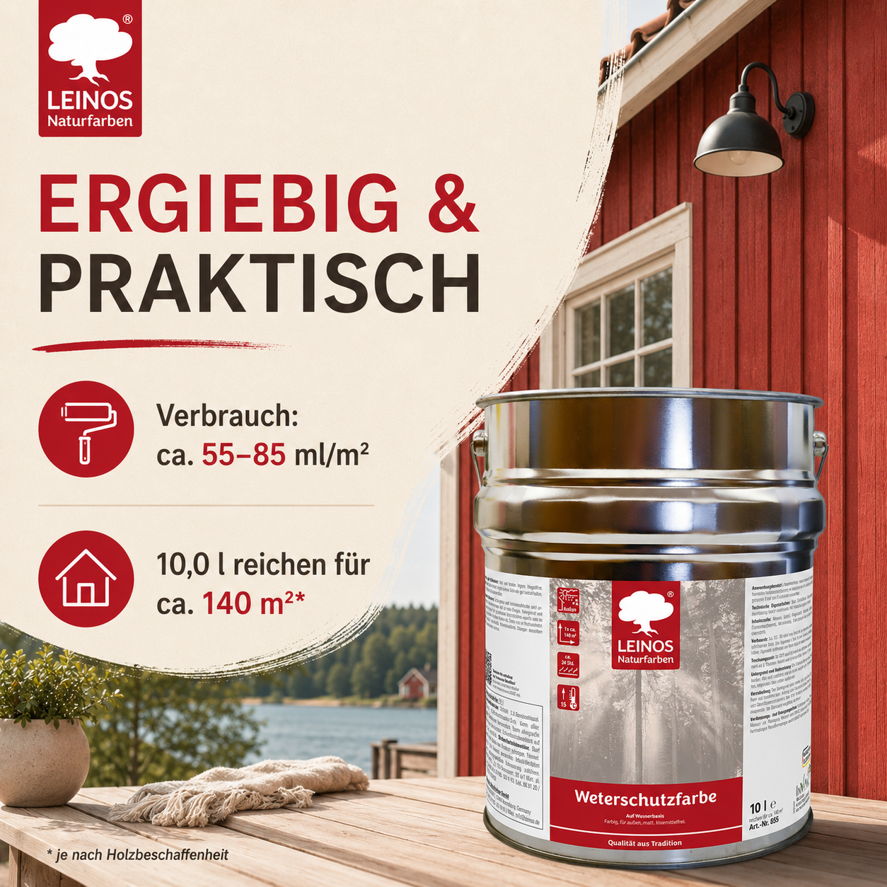 LEINOS Wetterschutzfarbe auf Wasserbasis 855 –10,0 l Schweden-Rot- Lösemittelfreier, matter Anstrich für unbehandelte Holzkonstruktionen im Außenbereich, ideal für sägeraues Holz