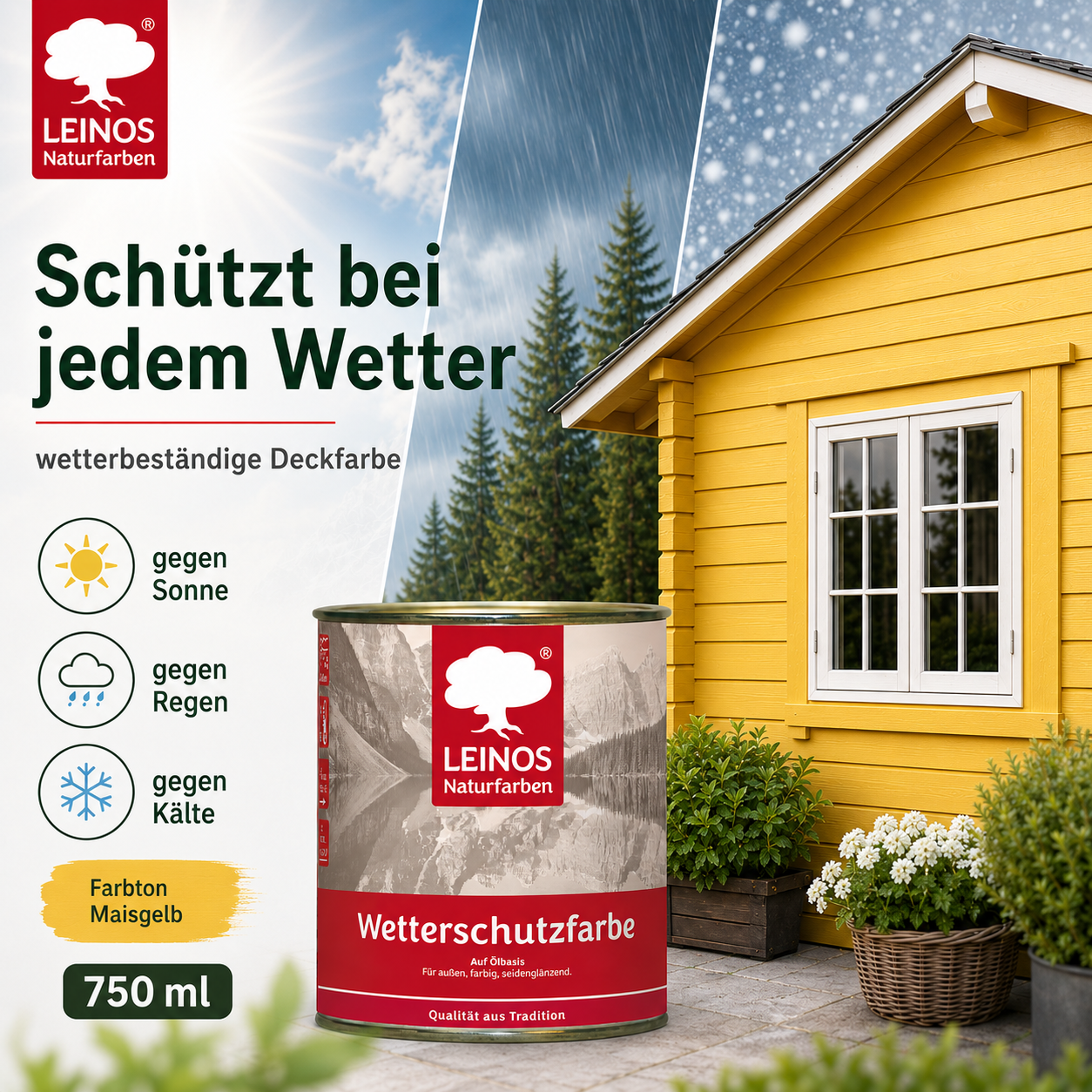 LEINOS Wetterschutzfarbe 750 ml | Maisgelb Holzlasur für Holzfassaden Fenster Gartenhäuser| wetterbeständige Deckfarbe für effektive Versiegelung und langanhaltenden Schutz auf Ölbasis im Außenbereich