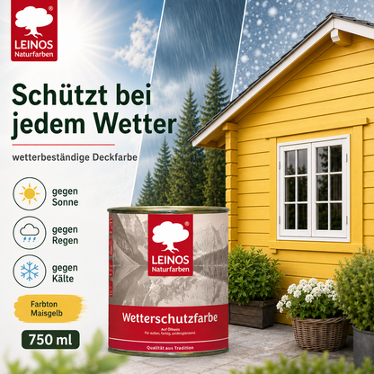 LEINOS Wetterschutzfarbe 750 ml | Maisgelb Holzlasur für Holzfassaden Fenster Gartenhäuser| wetterbeständige Deckfarbe für effektive Versiegelung und langanhaltenden Schutz auf Ölbasis im Außenbereich