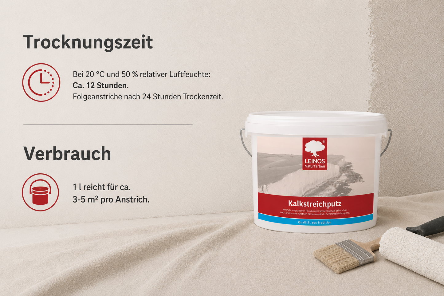 Kalkstreichputz 2,5 Liter für ca. 4–6 m² | Mineralischer Streichputz für Innenwände | Feuchtigkeitsregulierend | Schimmel vorbeugend | Für Feuchträume geeignet